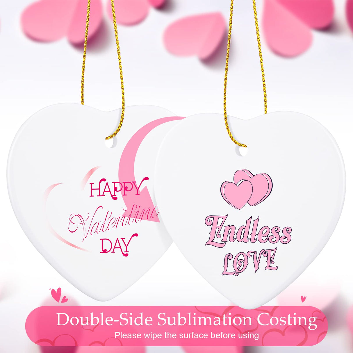WILLBOND 10 Pieces Heart Sublimation Blank Ceramic Ornament 3 Inch White Heart Ceramic Ornament with Gold String for Valentine DIY Crafts Valentine's Day Personalized Ornament Decorations WILLBOND