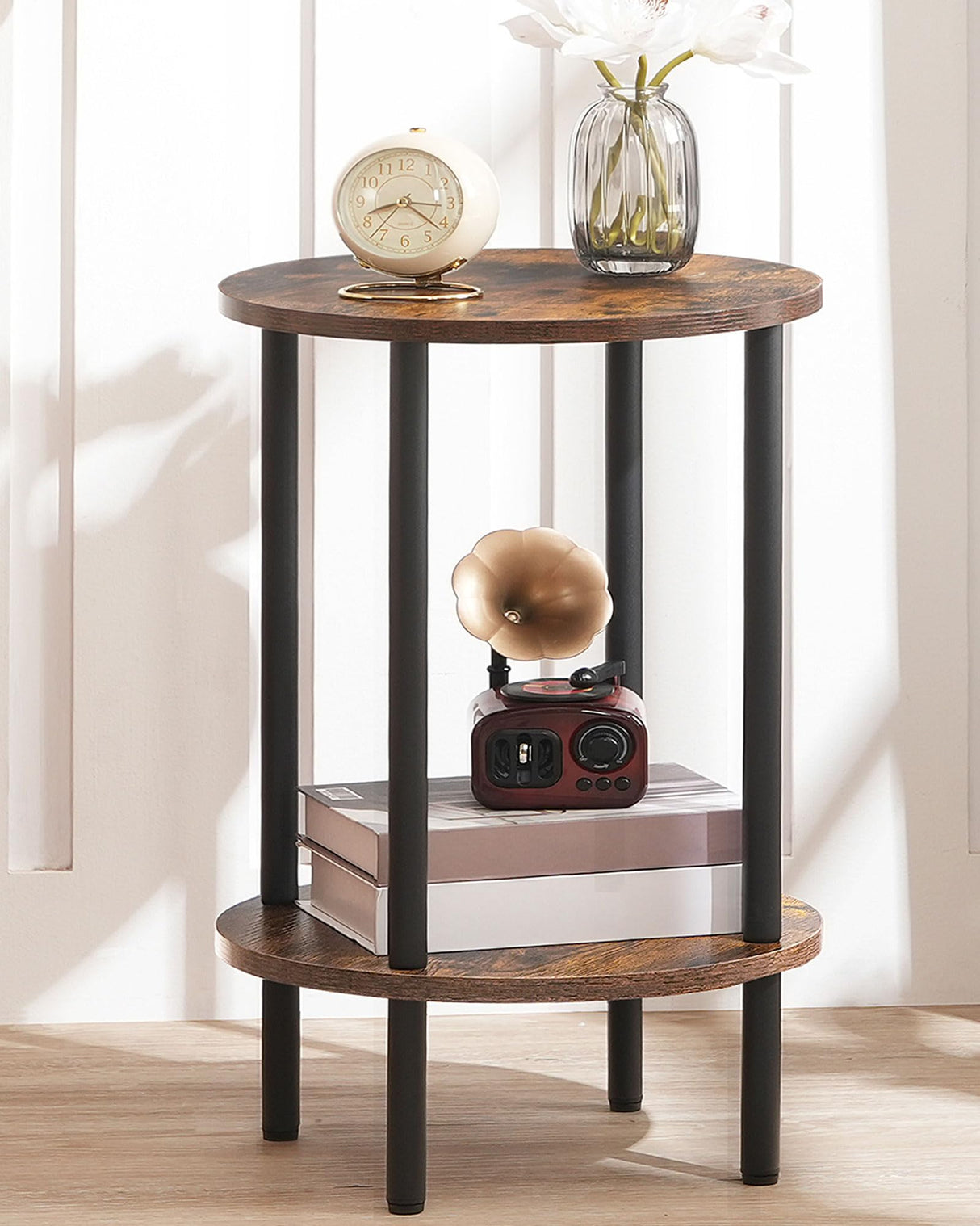 CHOEZON Round Side Table, 2-Tier End Table, Small Round Nightstand with Sturdy Metal Tube, Industrial Circular Coffee Table, for Living Room, Bedroom, Rustic Brown and Black TBZ01BF CHOEZON