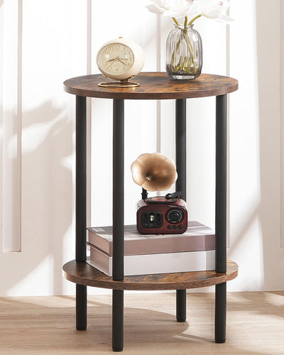 CHOEZON Round Side Table, 2-Tier End Table, Small Round Nightstand with Sturdy Metal Tube, Industrial Circular Coffee Table, for Living Room, Bedroom, Rustic Brown and Black TBZ01BF
