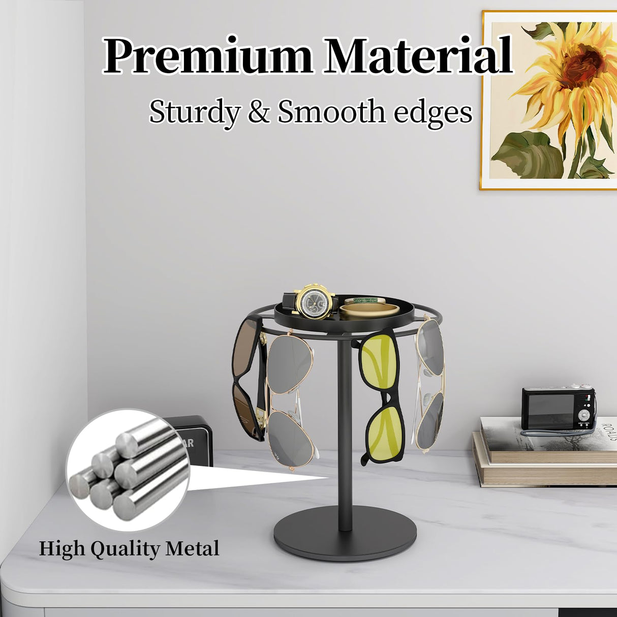 LSK Metal Sunglasses Organizer, Glasses Holder Stand with Storgae Tray, Eyeglasses Holder with Anti-Slip Pads for Tabletop, Desk, Dresser, Matte Black LSK