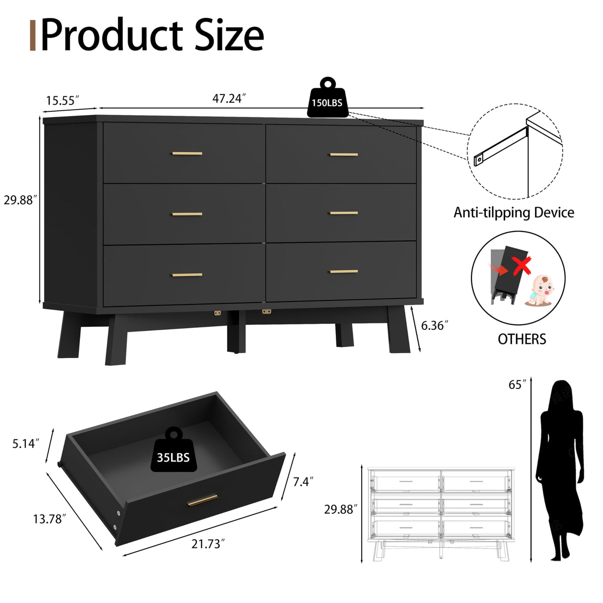 Dresser for Bedroom, 6 Drawer Wide Modern Chest of Drawers with X-Shaped Sturdy Base, Wood Double Dresser Closet Clothes Storage Organizer, Wooden Dresser TV Stand for Living Room, Hallway, Black Xixini