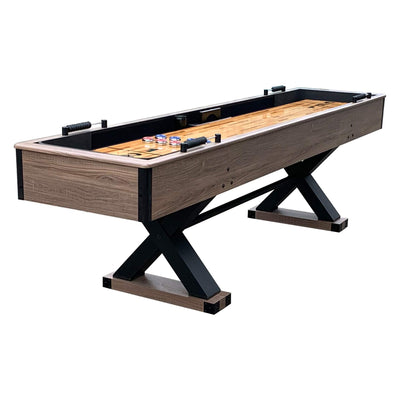 Hathaway Excalibur 9-Ft Shuffleboard Table for Great for Family Recreation Game Rooms, Designed with a Rustic Driftwood Finish with Built-In Leg Levelers, Includes 8 Pucks, Table Brush and Wax