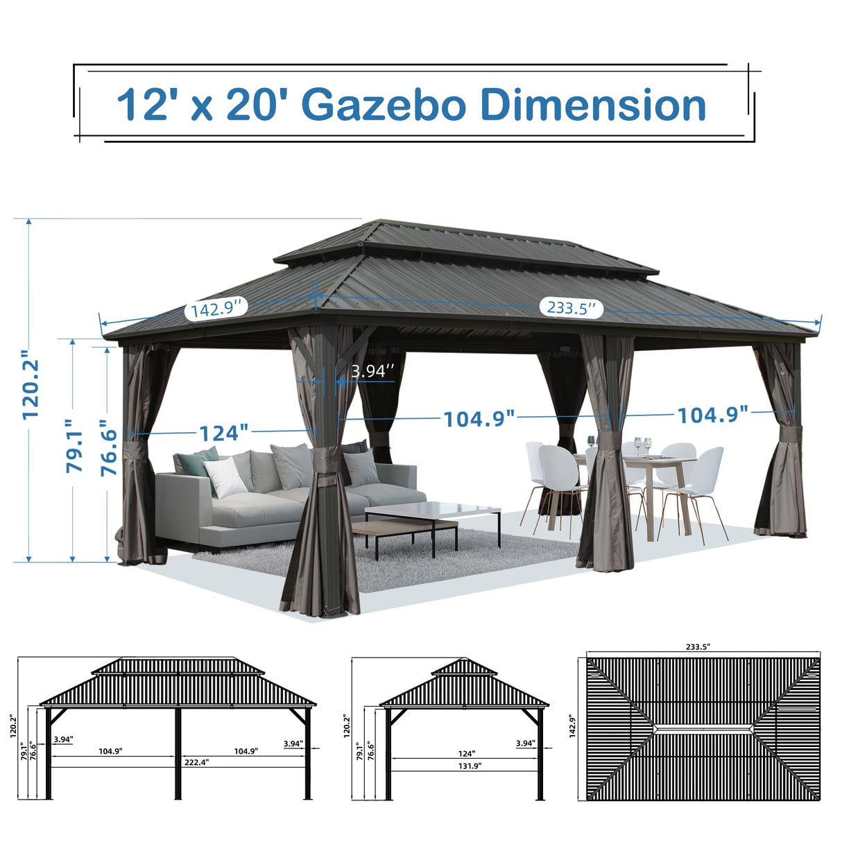 SHPAI 12’ x 20’ Hardtop Gazebo, Outdoor Aluminum Gazebo with Galvanized Steel Double Roof Canopy, Outdoor Permanent Metal Pavilion with Curtains and Netting for Patio, Backyard and Lawn, Dark Grey SHPAI
