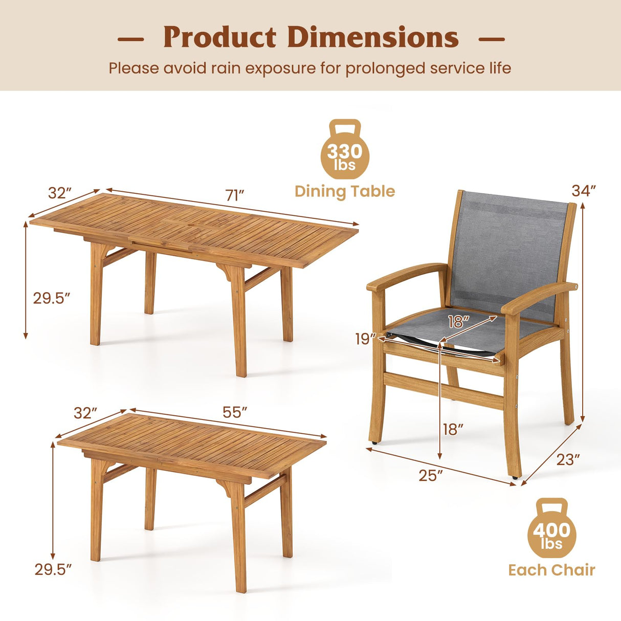 Tangkula 9 Pieces Acacia Wood Patio Dining Set for 6-8, Outdoor Expandable Table and Chairs Set with 1.97" Umbrella Hole and Breathable Fabric for Garden, Lawn, Yard and Poolside Tangkula