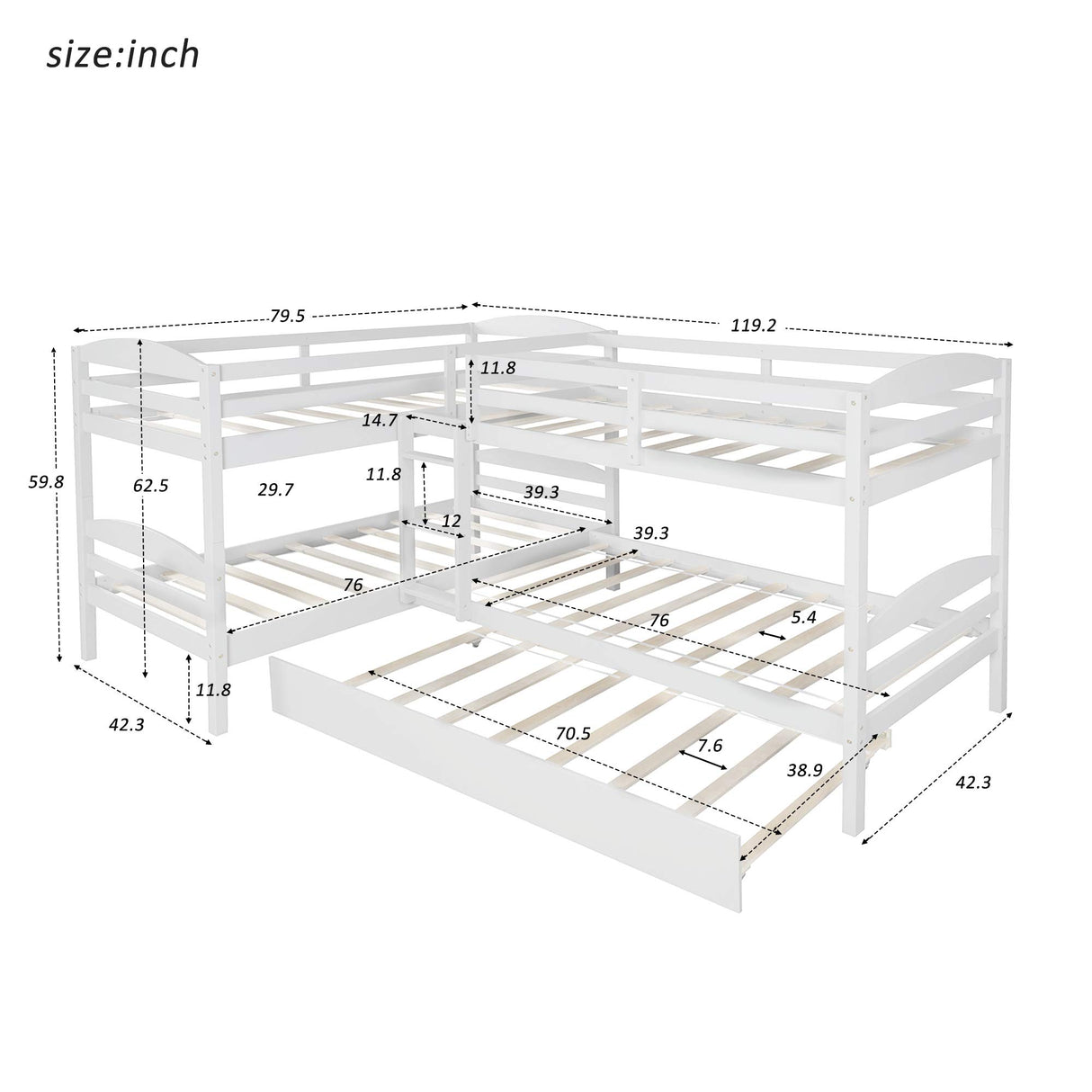 Four Bunk Bed Twin-Over-Twin-Over-Twin-Over-Twin L Shaped Bunk Bed with Trundle, Bunk Bed Can be Divided into 2 L-Shaped Beds for Accommodating 5, Family, Kids, Teens, No Box Spring Needed Flieks