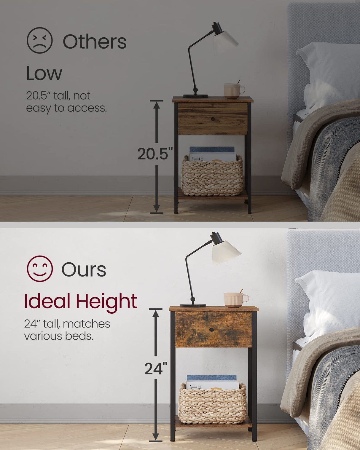 VASAGLE Nightstand, Side Table with Fabric Drawer, 24-Inch Tall End Table with Storage Shelf, Bedroom, Rustic Brown and Black ULGS021B01 VASAGLE