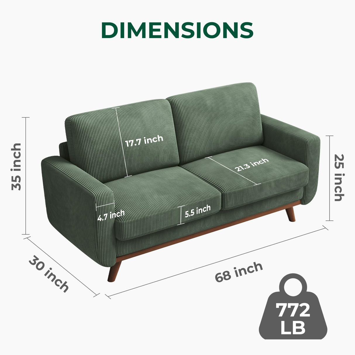 Vesgantti 68" Loveseat Sofa Green, Comfy Corduroy Couch with Spring Cushion, Sofa Couch with Solid Wood, Modern Couch with Deep Seat, Sofa for Bedroom, Loveseat for Living Room, Green Office Couch Vesgantti