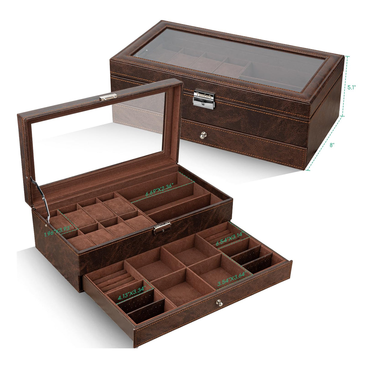 TomCare Watch Box 2-Tier Watch Case Jewelry Organizer Box with Thick Glass Lid Lockable Watch Organizer Jewelry Display Holder Sunglass Rings Necklaces Bracelets Storage Organizer for Men Women,Brown TomCare
