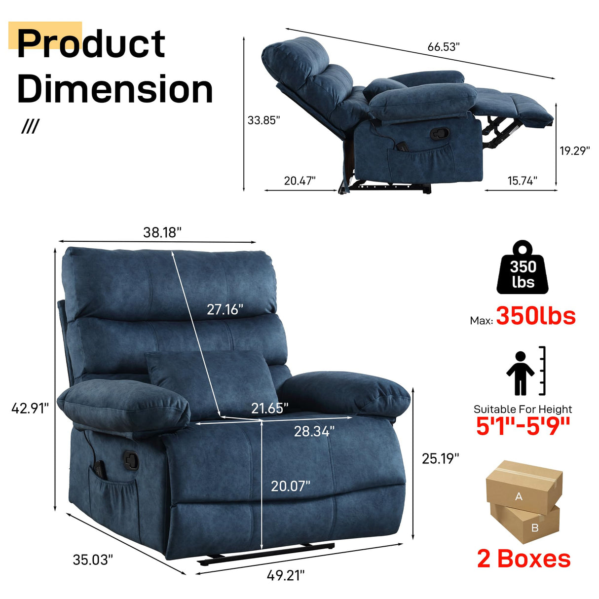 HOMYEDAMIC Oversized Recliner Chair Extra Wide Large Recliner for Adults 350lbs with Lumbar Support Pillow Nursery Chair Living Room (Manual, BLUE-6002) HOMYEDAMIC
