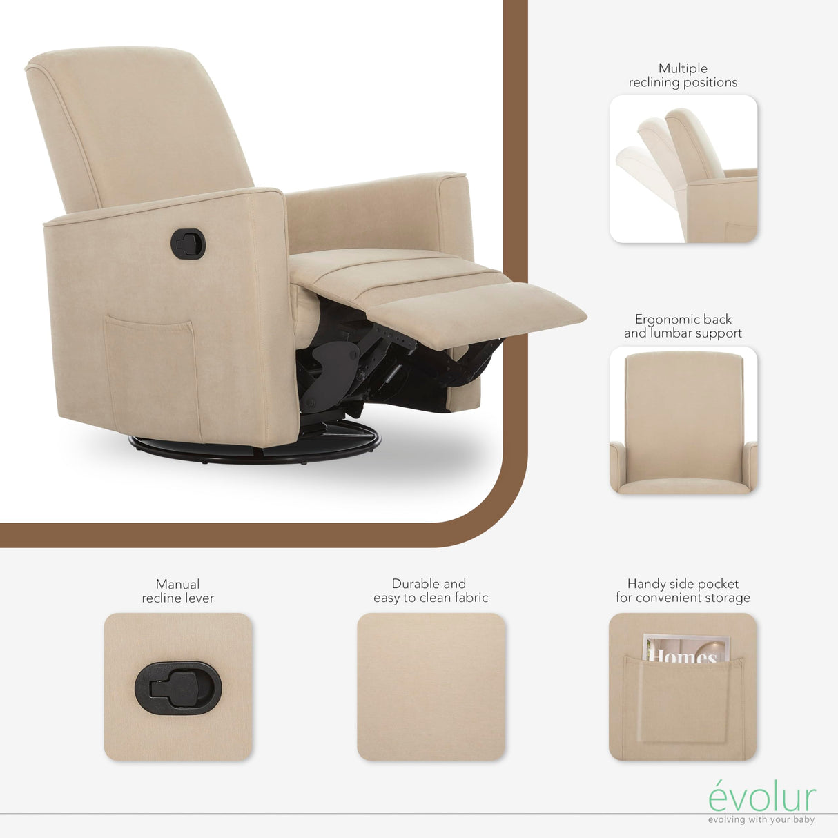 Evolur Raleigh Glider in Tan, Upholstered Plush Seating 360° Swivel Glider Rocking Chair, FSC Certified, Greenguard Gold & JPMA Certified Nursery Glider Recliner Evolur