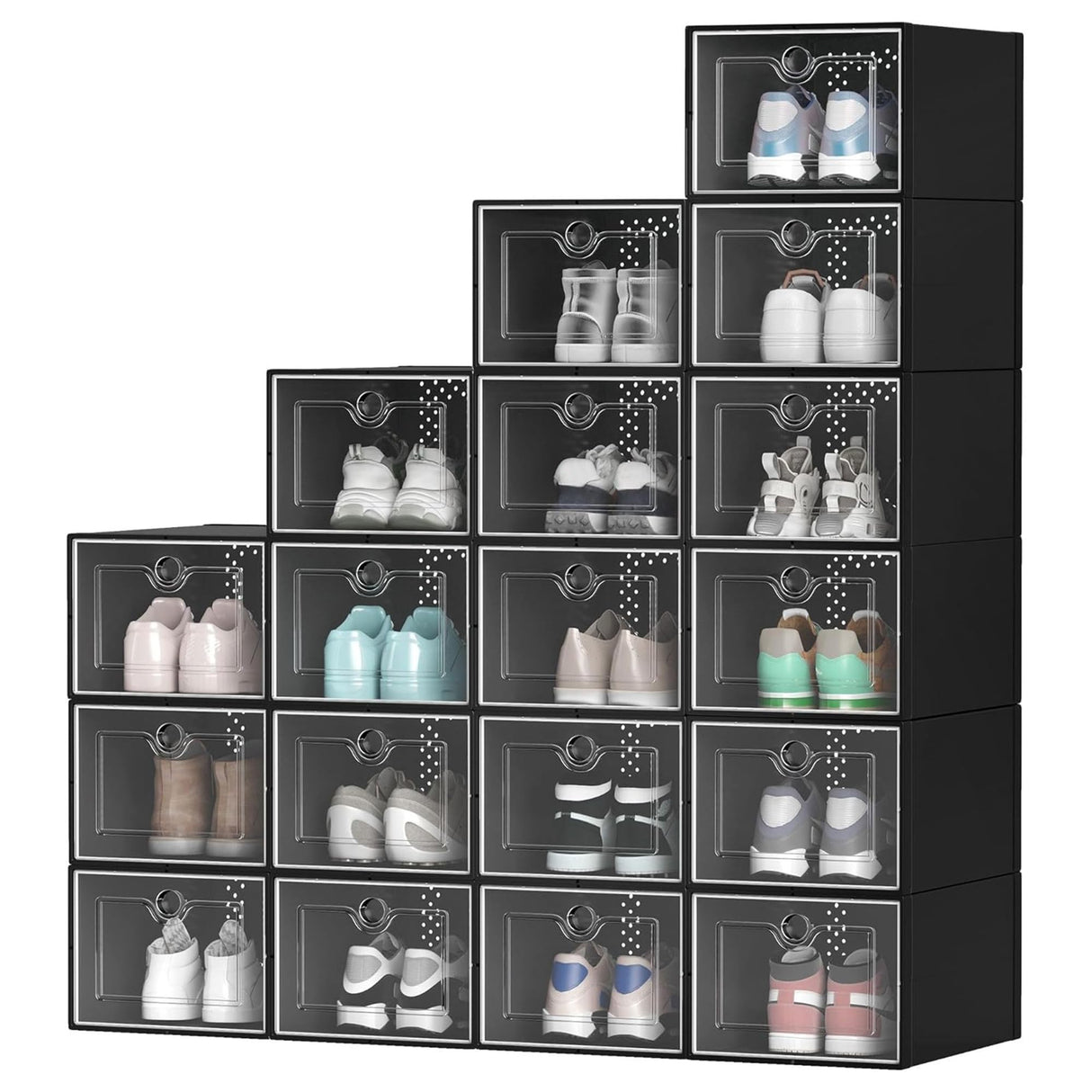DWVO Large 18 Pack Shoe Storage Boxes, Plastic Stackable Shoe Storage Organizer for Closet, Fit up to US Size 13, Foldable Shoe Rack Clear Sneaker Containers (Black, Large) DWVO