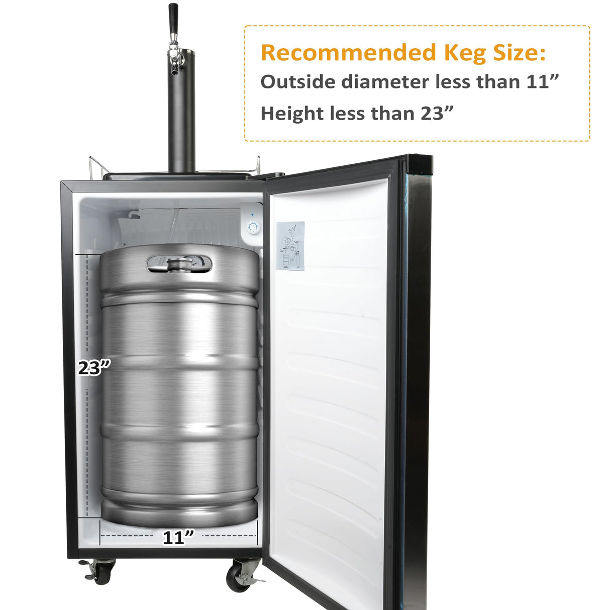 3.4 Cu.Ft. Kegerator, Keg Beer Cooler for Beer Dispensing with 4 Casters, CO2 Cylinder, Temperature Control, Drip Tray, Black Stainless Steel E-Macht