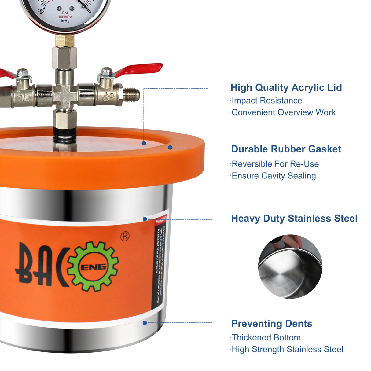 BACOENG Universal Vacuum Chamber Series: 2 Quart Stainless Steel Vacuum Chamber Kit, Vacuum Degassing Chamber for Resin, Silicone and Epoxies BACOENG