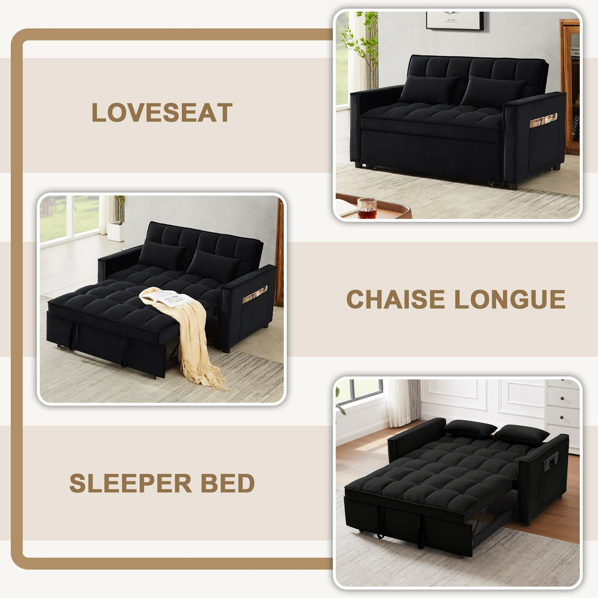 SumKea Pull Out Couch Bed Sleeper Sofa, Velvet 3-in-1 loveseat Sofa Bed with Pull-Out Bed, Two Throw Pillows, Balck SumKea