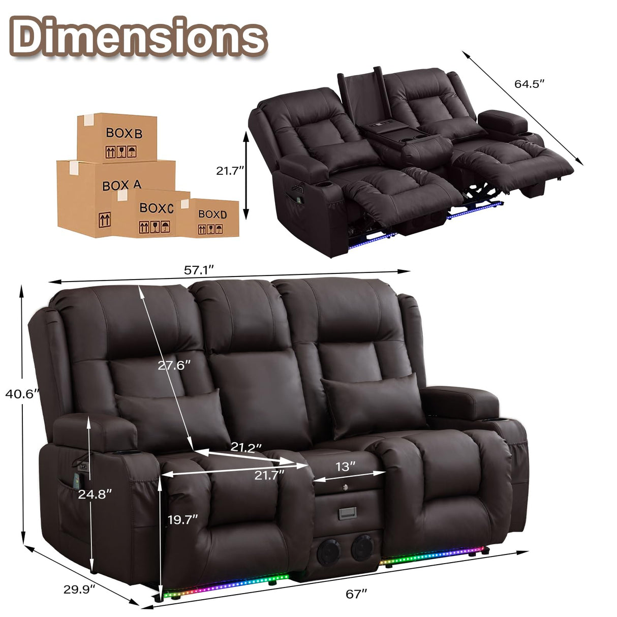 TUNYI Power Loveseat Recliner Sofa with Massage & Heat Home Theater Seating with Console Electric Recliner RV Sofa with USB/Outlet/Storage/Side Pocket/LED Light/Speaker (Brown, Loveseat) TUNYI