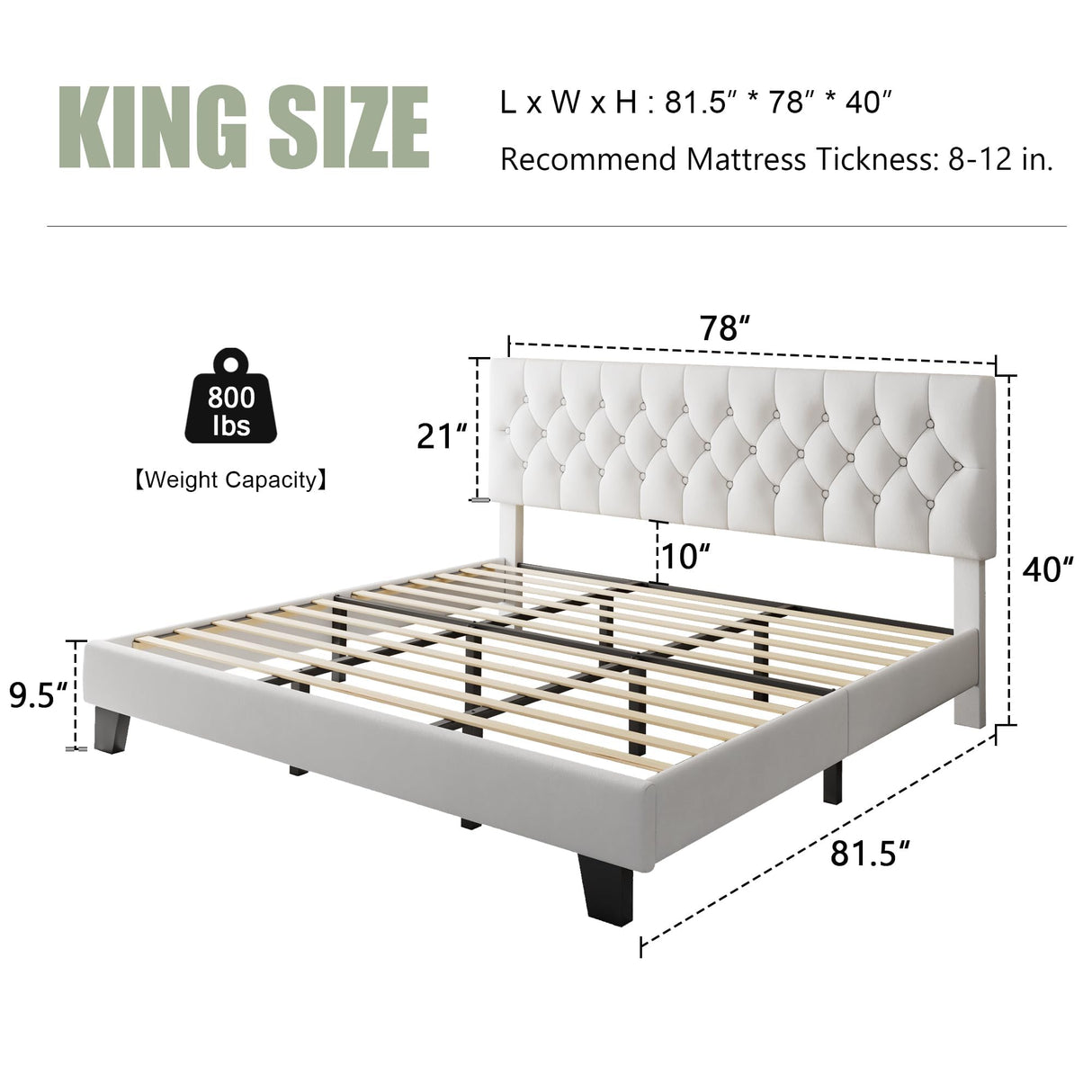 Feonase King Size Velvet Platform Bed Frame, Upholstered Bed with Button Tufted Headboard, Sturdy Wooden Slats & Heavy Duty Feet, No Box Spring Needed, Noise-Free, Easy Assembly, White Feonase