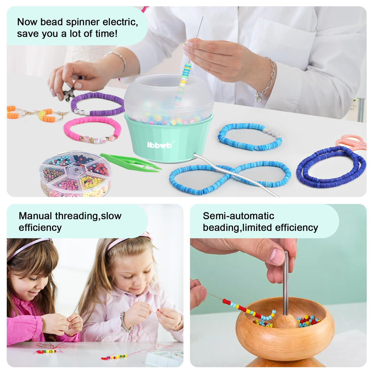 IBBWB Electric Clay Bead Spinner, Bead Spinner Kit with 2000+pcs Beads, Clay Bead Spinner for Jewelry, Clay Beads Bracelet, Waist Beads, Rice Beads, Making of Handicraft Gifts (Light Green) IBBWB