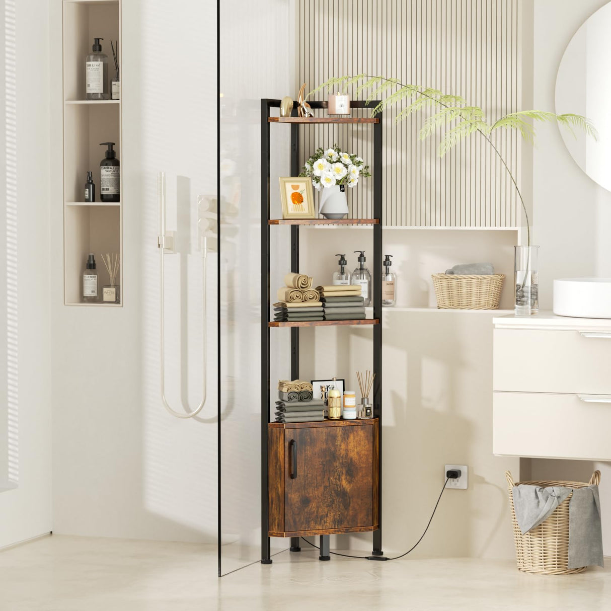 Furnulem Corner Shelf, Narrow Corner Bookshelf LED,5-Tier Corner Cabinet with Storage, 62.8” Standing Display Shelf for Bedroom, Living Room, Kitchen, Wood Display Shelf (Rustic Brown) Furnulem