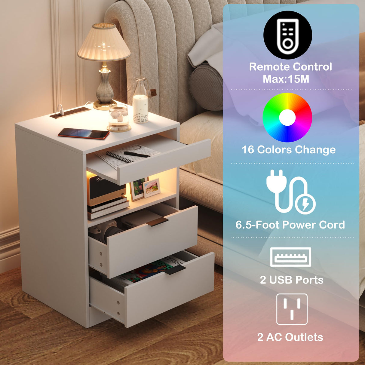 Yusong LED Nightstand Bedside Table with Charging Station 2 Drawers, White Modern Sofa Couch End Side Table with LED Lights and Pull-Out Shelf for Bedroom Living Room, Wooden Yusong