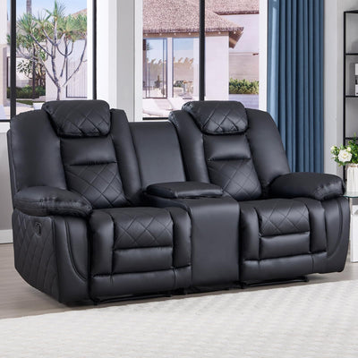 EBELLO Faux Leather Manual Loveseat Recliner Sofa, 2 Seat Reclining Couch Chair with Center Console, Hidden Storage and Cup Holders, Home Theater Seating for Living Room, Black (Loveseat)