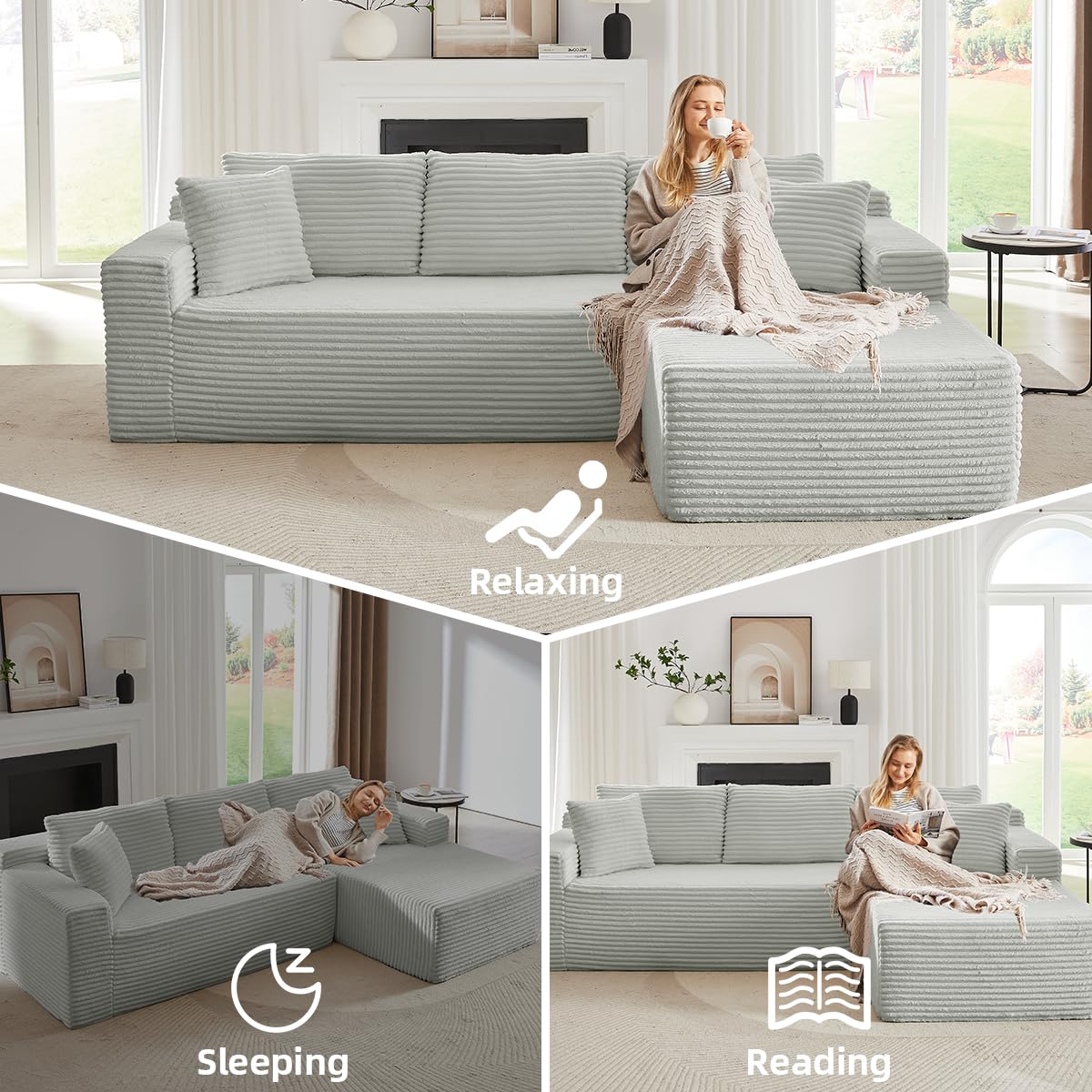 Modular Cloud Sectional Couch with L-Shape Chaise,Modern Upholstered Couches with Deep Seat,Corduroy Sponge Compressed Sofa for Living Room, Bedroom,No Assembly Required(Light Gray) ZKJOLMN