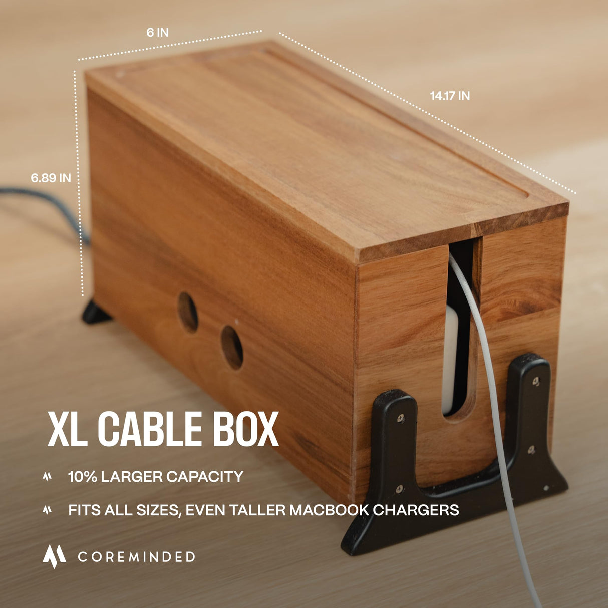 Extra Large Cable Management Box, Wood Cord Hider Box & Organizer for Power Strip, TV Wires & Desk Cable Storage COREMINDED