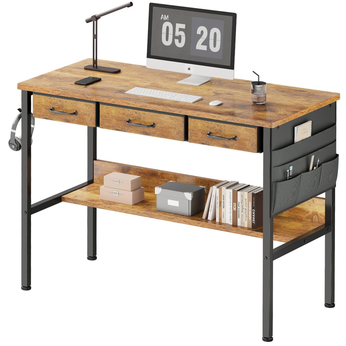 Maihail Small Desk with Drawers for Bedroom, Small Vanity Desk Without Mirror, 39.5inch, Writing Desk with Bookshelf, Computer Desk with Storage Drawers, Vanity Table no Mirror Rustic Brown Maihail