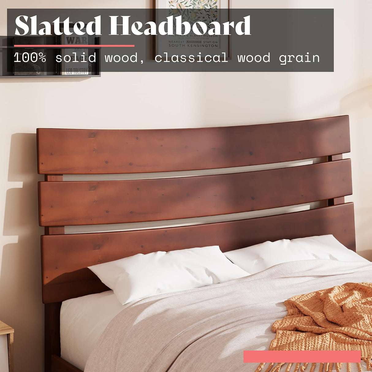 King Size Solid Wood Platform Bed Frame with Wooden Headboard - Easy Assembly, No Box Spring Required, Walnut Finish AMERLIFE
