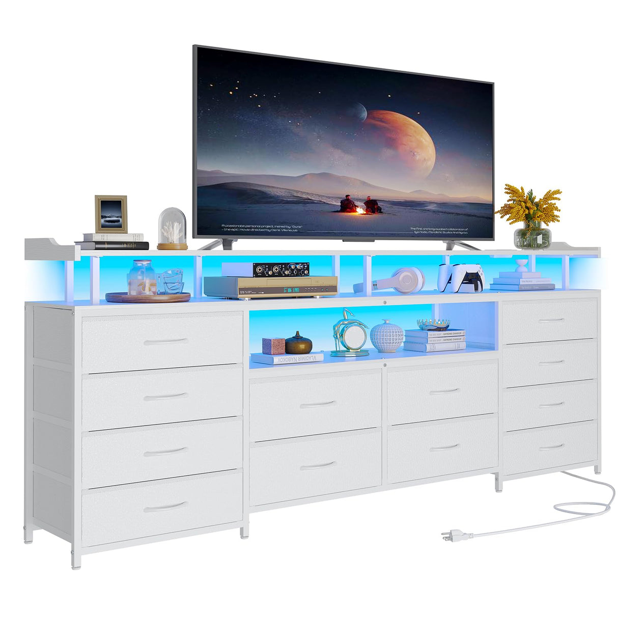HAUOMS TV Stand Dresser for 65 Inch TV, 63" W Dresser with LED Lights & Charging Station, White Long Dresser with 12 Fabric Drawers, Entertainment Center with Shelves,for Living Room HAUOMS
