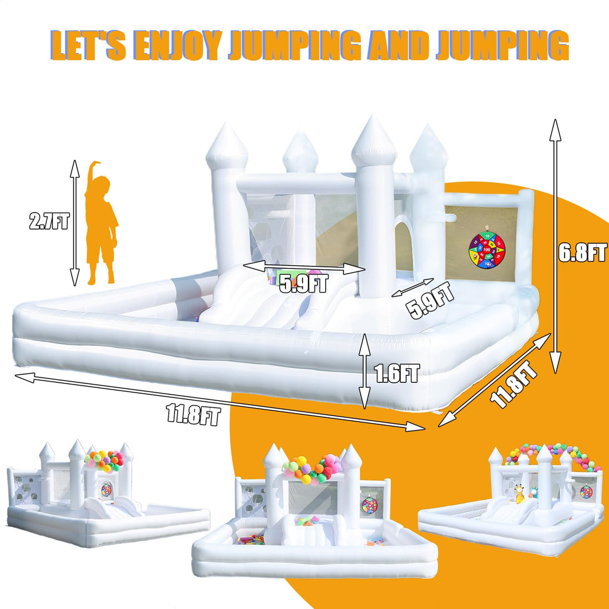 White Bounce House with Blower,Ball Pool,Kids Bounce House,Family Backyard Bouncy Castle,Suitable for Yard,Events,Parties,Weddings,Children's Gifts(13ftL×12ftW×7ftH) TOBEBEGO