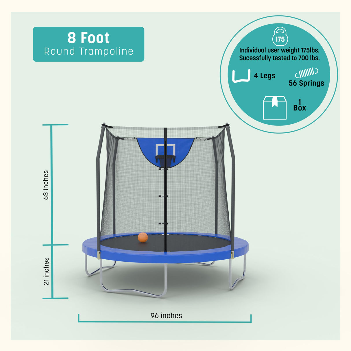 Skywalker Trampoline Outdoor Jump N' Dunk 8 FT, 12 FT, 15 FT, Round Outdoor Trampoline with Net, Trampoline Mat, and Basketball Hoop for Trampoline, ASTM Approval, 700 LBS Weight Capacity - Blue Skywalker Trampolines