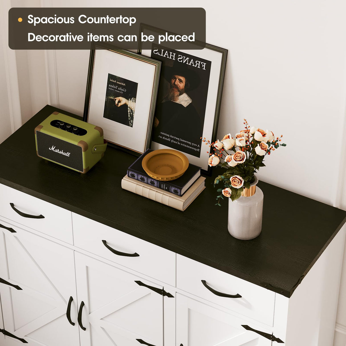 Maupvit 42.5" Farmhouse Buffet Cabinet with Storage, Coffee Bar Cabinet with 3 Drawers and 3 Barn Doors, Sideboard Cabinet, Wood Buffet Table Storage Cabinet for Kitchen, Dining Room,Living Room,White Maupvit