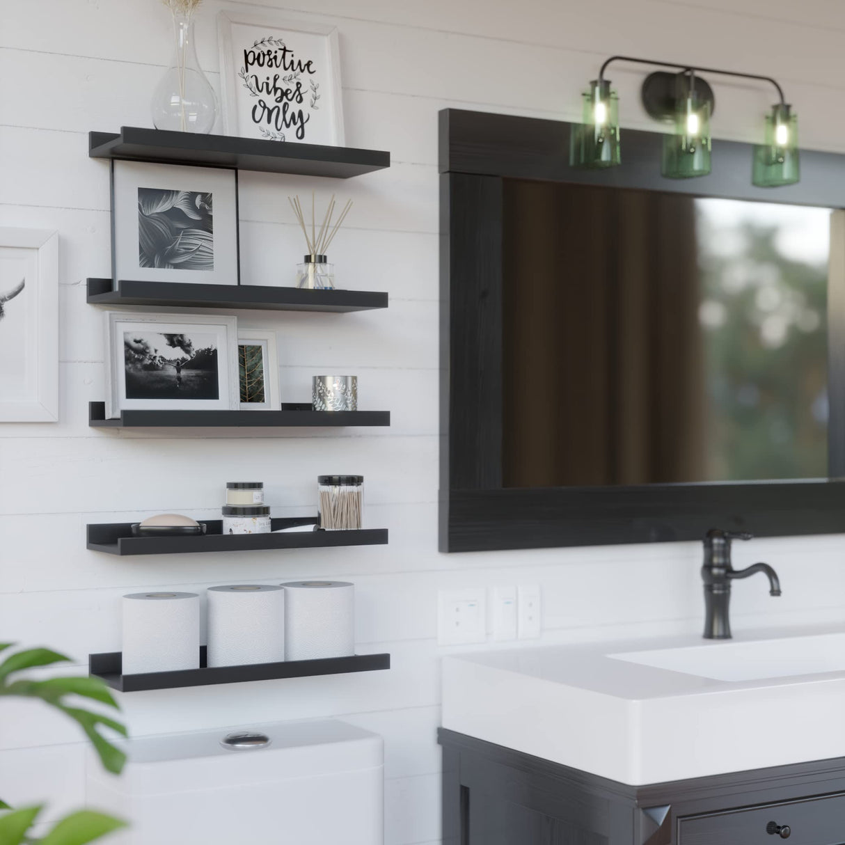 RICHER HOUSE 5 Set Floating Wall Mounted Shelves, Black Shelves for Wall Decor, Modern Picture Ledge Shelf with Lip for Storage, Nursery, Bedroom, Living Room, Bathroom - Black RICHER HOUSE