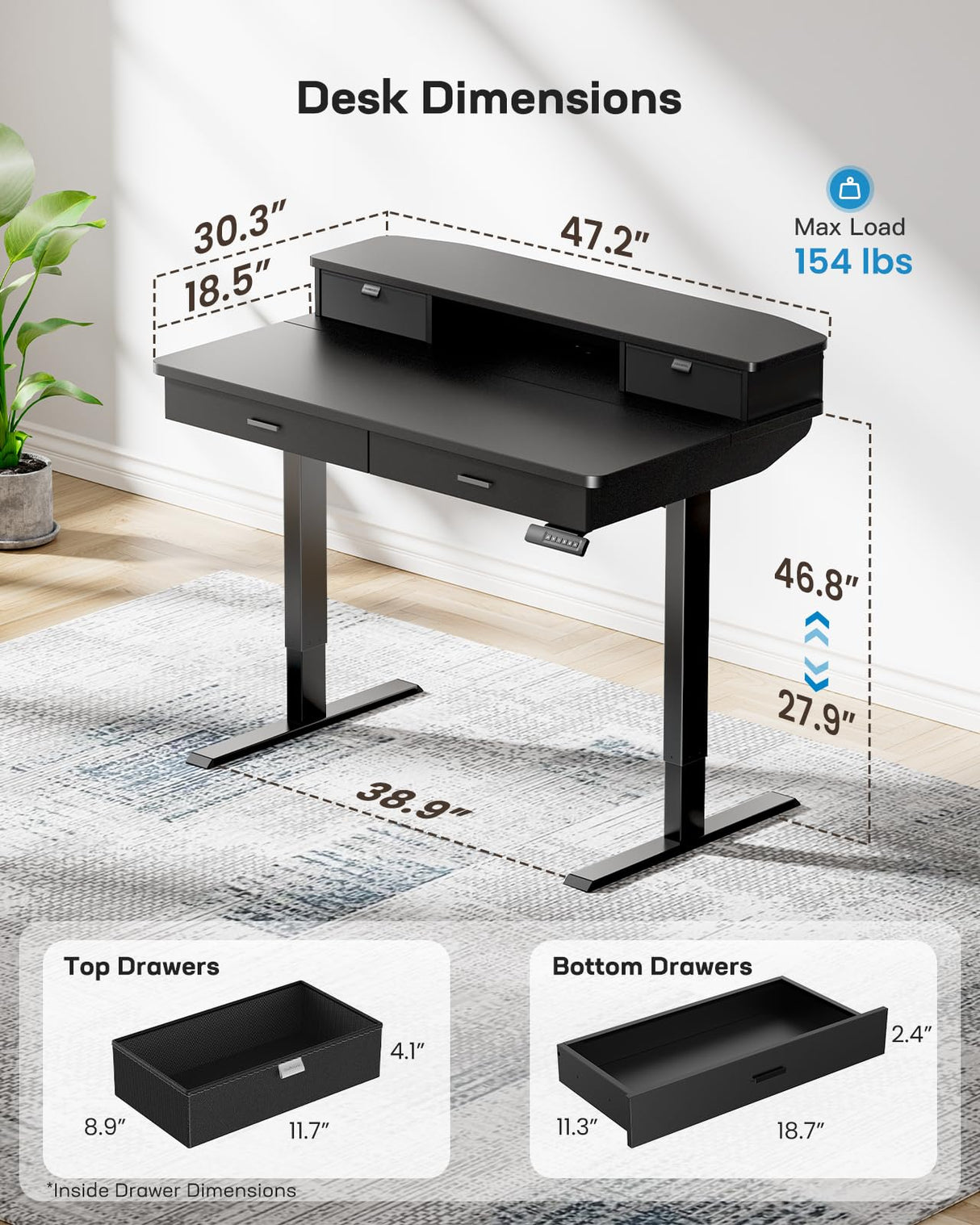 HUANUO 48 x 30 inch Electric Standing Desk with 4 Drawers, Adjustable Height Sit Stand Home Office Desk with Two Tiers, Ergonomic Adjustable Stand up Desk with Monitor Stand, Black HUANUO