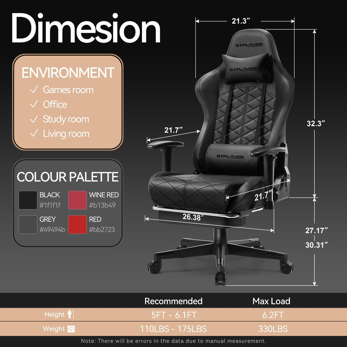 GTPLAYER Gaming Chair, Computer Chair with Bluetooth Speakers, High Back Ergonomic Office Chair Desk Chair with Lumbar Support, Height Adjustable Game Chair with Footrest 330LBS, Black GTPLAYER