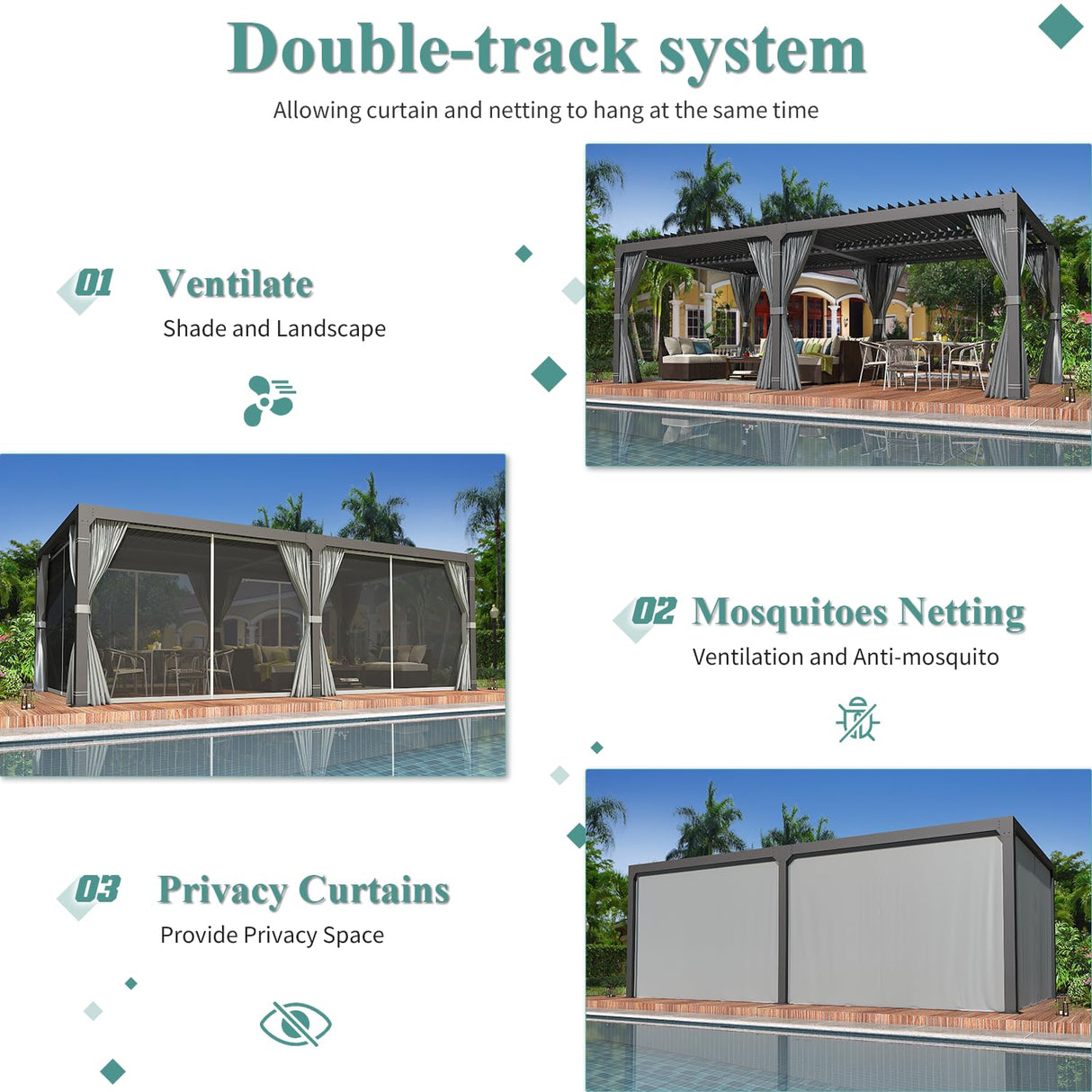 YOLENY Louvered Pergola 12x24, All Aluminum Pergola with Adjustable Rainproof Roof, Outdoor Pergola with Curtains and Nets for Patio & Garden, Dark Grey YOLENY