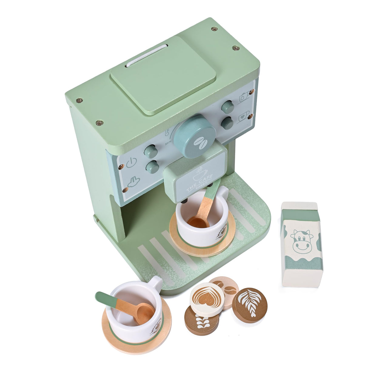 MONT PLEASANT Kids Wooden Toys Toddler Pretend Play Kitchen Accessories Green Coffee Maker Espresso Machine Playset Montessori Kitchen Toy Gift for Girls and Boys MONT PLEASANT