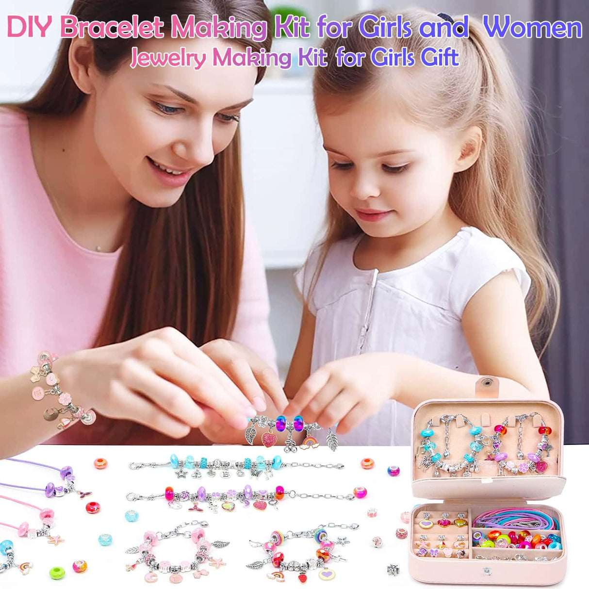 Girls Charm Bracelet Making Kit with Jewelry Box for Kids Charm Beads for Jewelry Making DIY Bracelet Craft Kit for Girls Age 8-12 Birthday Gifts Valentine Christmas Billbotk
