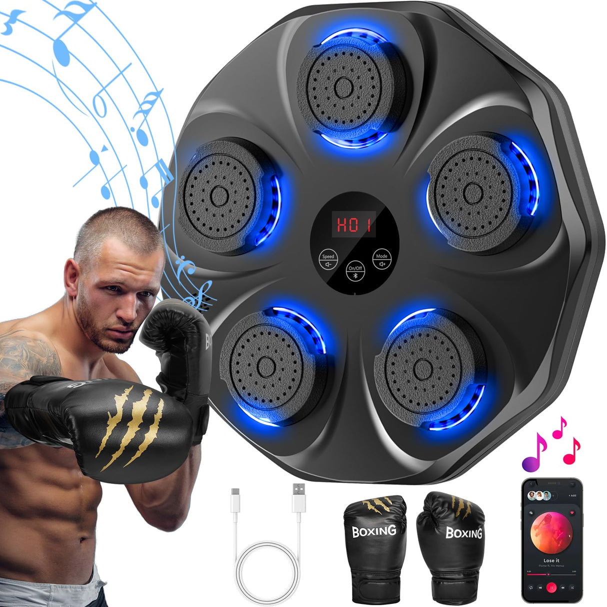 TGLLM Music Boxing Machine, Interactive Punching Trainer with Boxing Gloves, Large Size Wall Mounted Electronic Boxing Target for Adults Kids, 9 Modes & 9 Speeds TGLLM