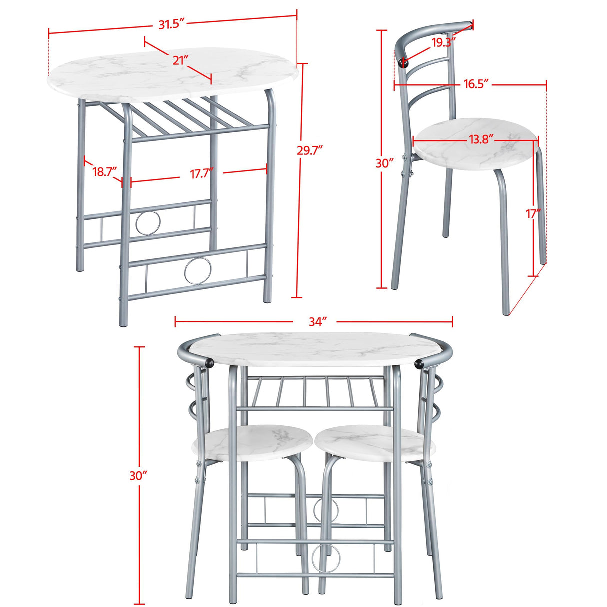 Yaheetech 3-Piece Dining Table Set, Breakfast Bistro Table Set for 2, Small Kitchen and Table Chairs Set of 2 with Metal Frame and Storage Rack for Small Space/Apartment/Dorm Room, White Yaheetech