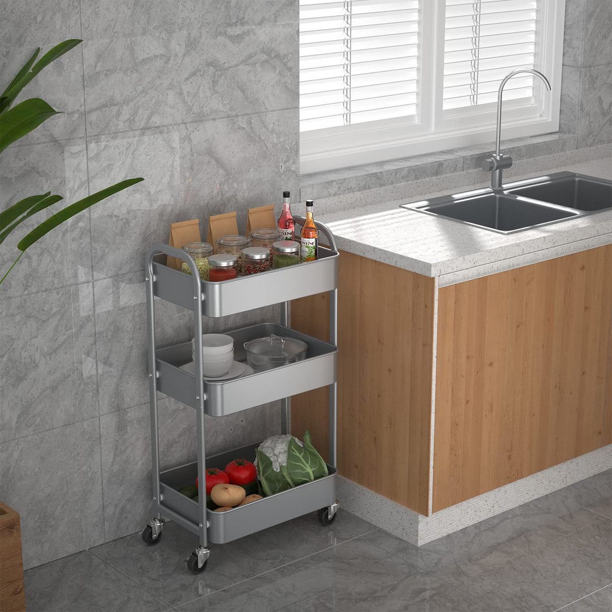 3-Tier Kitchen Cart Multifunctional Rolling Utility Cart with Lockable Wheels,Storage Craft Art Cart Trolley Organizer Serving Cart Easy Assembly for Office, Bathroom, Kitchen, Classroom(silvery-grey) MAX Houser