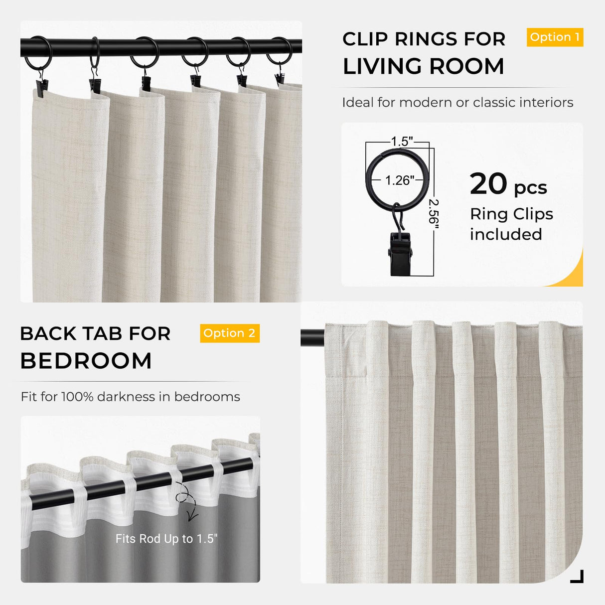 INOVADAY 100% Blackout Curtains for Bedroom, Black Out Curtains 96 Inch Long, Clip Rings Linen Blackout Drapes, Thermal Insulated Room Darkening for Living Room, 2 Panels - Beige,W50xL96 INOVADAY