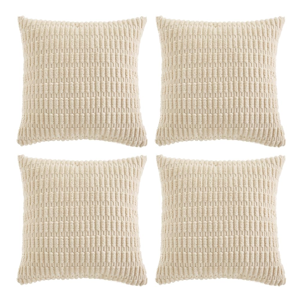 Fancy Homi 4 Packs Boho Cream Decorative Throw Pillow Covers 18x18 Inch for Living Room Couch Bed Sofa, Rustic Modern Farmhouse Home Decor, Soft Plush Corduroy Cute Square Beige Cushion Case 45x45 cm Fancy Homi
