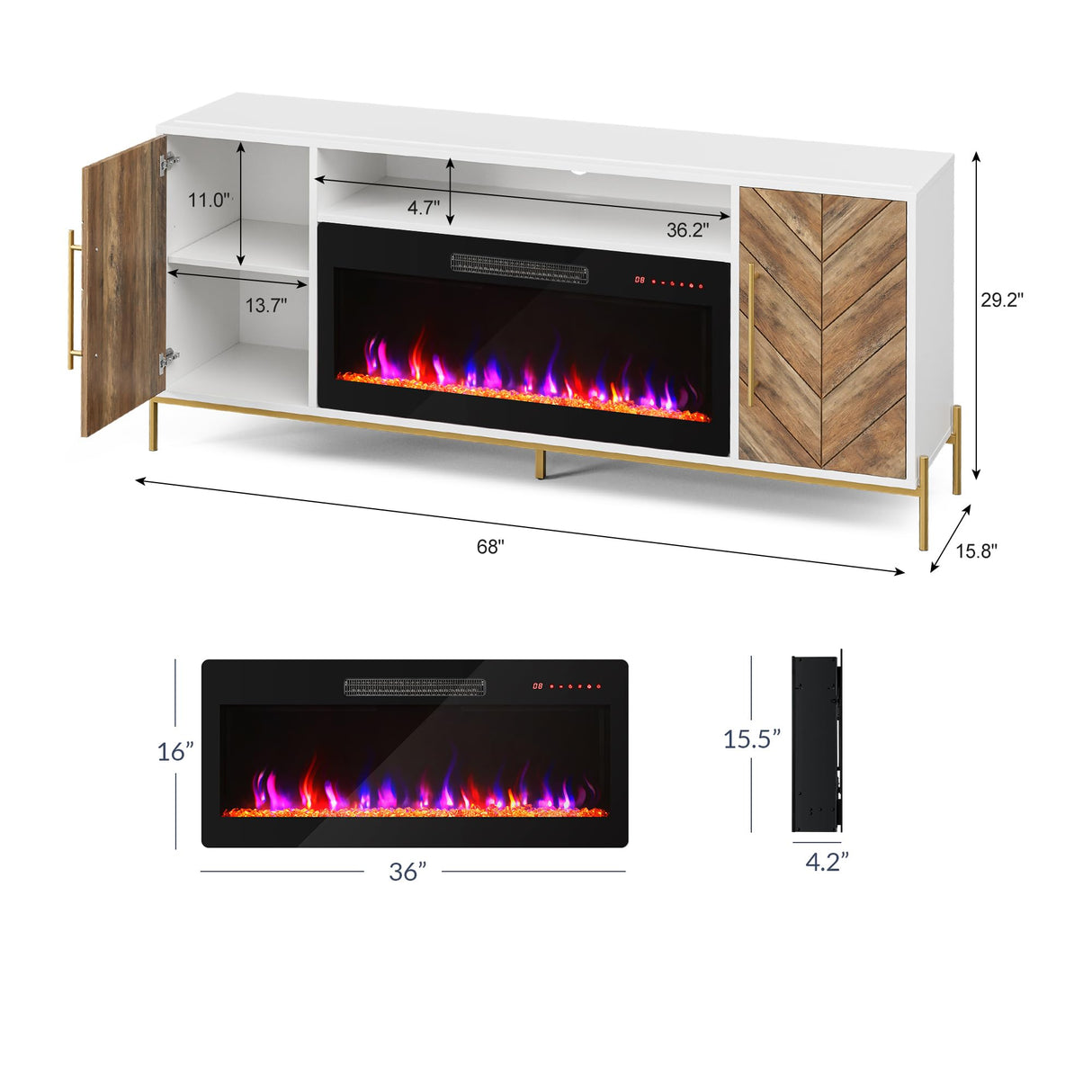 BELLEZE 68" Wood TV Stand with 36" Electric Fireplace, Entertainment Center with Storage Cabinet, Console Table for TVs up to 75 Inches, for Living Room, Bedroom - Harper (White Ebony) BELLEZE