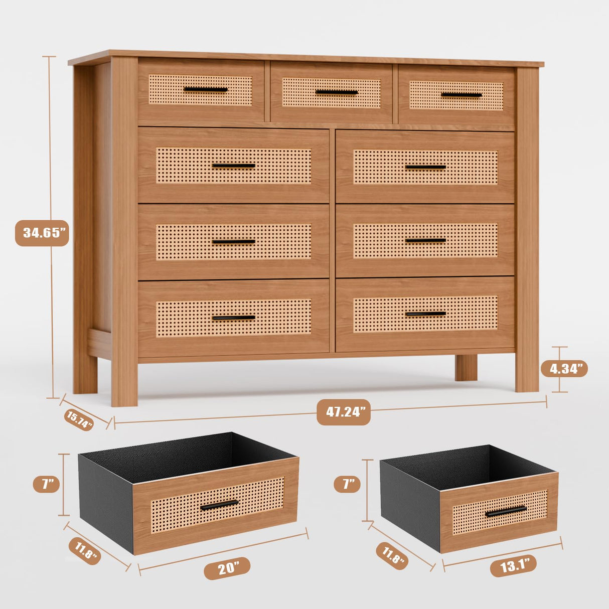 9 Drawer Dresser for Bedroom, Rattan Chest of Dressers, Modern Boho Wooden Dresser Chest with Mental Handles, Living Room and Entryway Loreena
