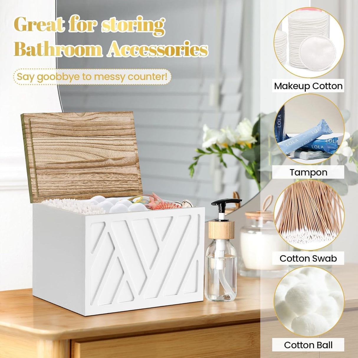 2 PCS White Tampon Holder for Bathroom Decor, Feminine Product Organizer With Lid, Shark Week Storage, Wood Pad Box for Toilet, Bathroom Accessories Jorkol
