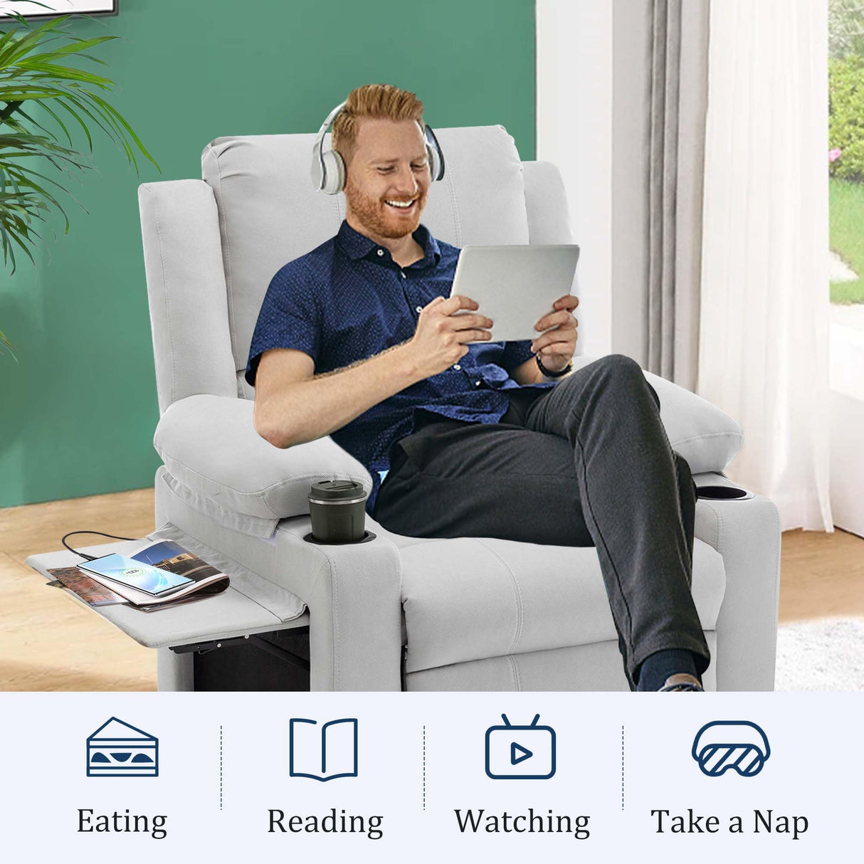 Power Recliner Chair for Adults,Upholstered Nursery Reclining Sofa Chair,Heating Point Massage Theater Seating Single Sofa with Side Pockets Table for Living Room-Grey White Alunaune