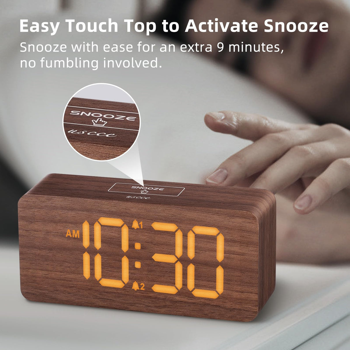 uscce Wooden Digital Alarm Clocks for Bedrooms: Dimmable Dual Alarm Clock with Large Numbers for Bedside Desk - Brown uscce