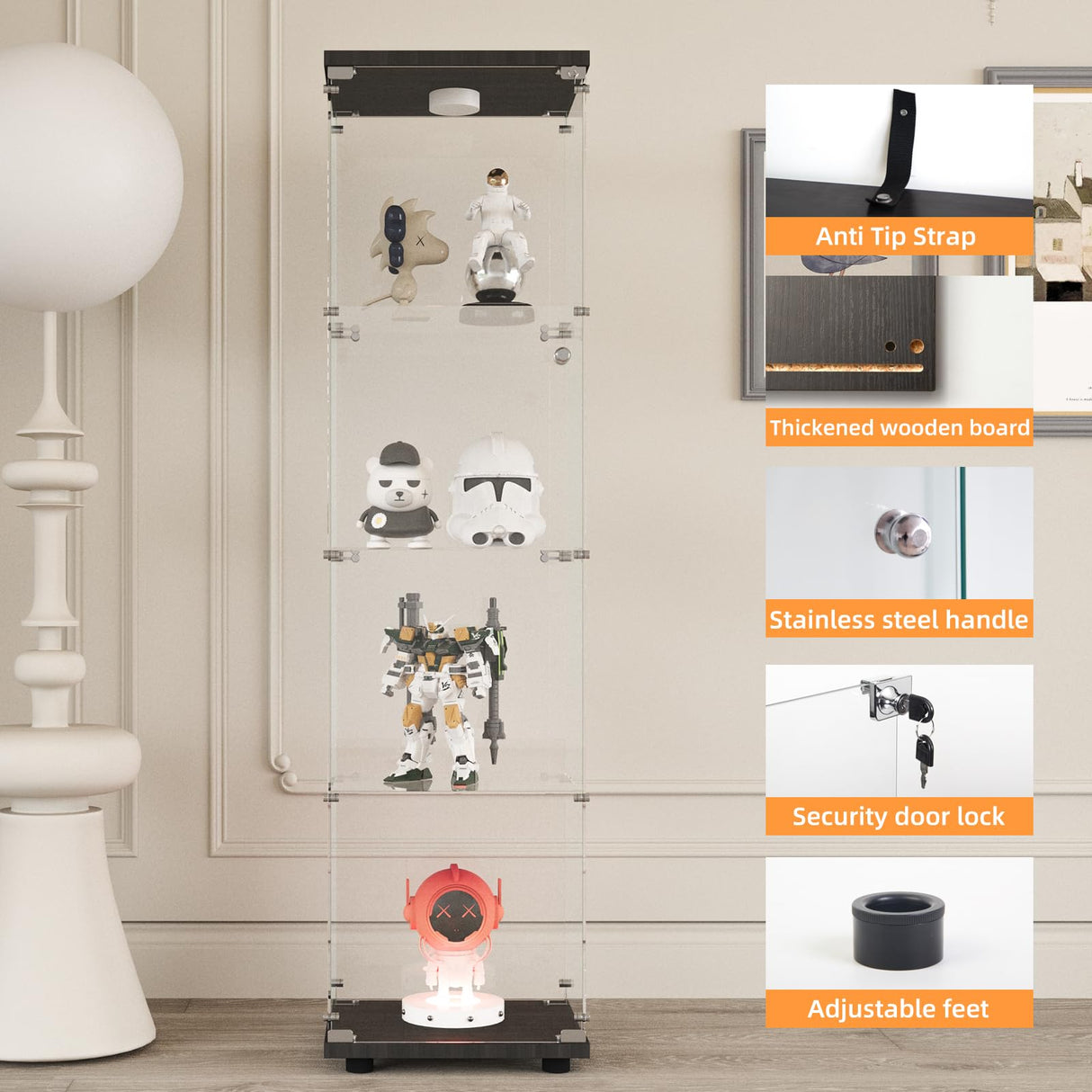 LFT HUIMEI2Y Glass Display Cabinet with LED Lights and Lock, 4-Shelf Curio Cabinets with Door, Tempered Glass Collection Display Showcase for Bedroom, Living Room 65”x 17”x 14.5” Black LFT HUIMEI2Y