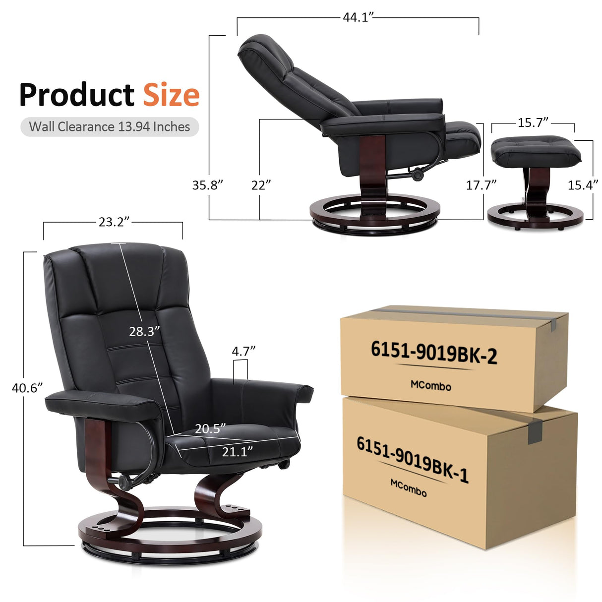 MCombo Manual Swivel Recliner with Ottoman, Chair Ottoman Set for RV Small Spaces, Living Room, Bedroom, Office 9019 4919 (Faux Leather, Black) MCombo